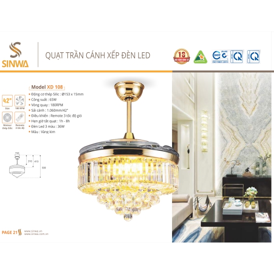 QUẠT TRẦN CÁNH XẾP ĐÈN LED XD 108