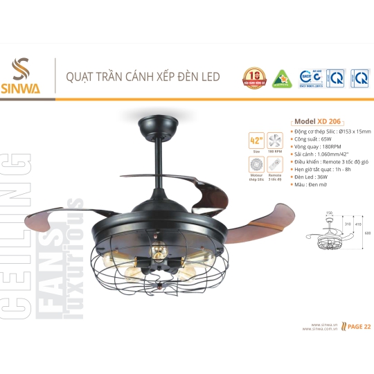 QUẠT TRẦN CÁNH XẾP ĐÈN LED XD 206